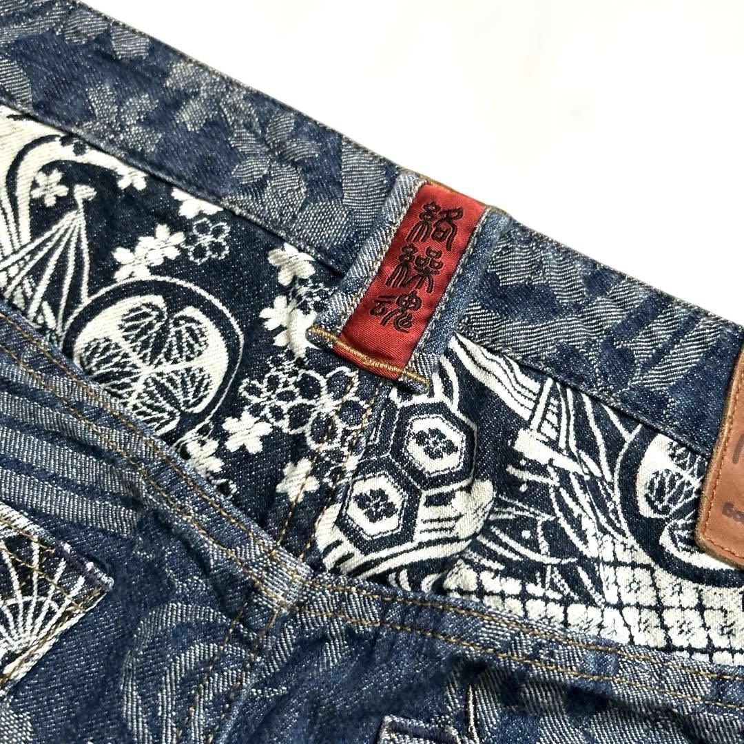 絡繰魂 流儀 和柄刺繍デニムパンツW36総柄和風鳳凰桜ジーンズ