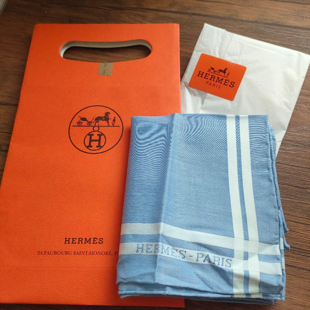 HERMES ライトブルー ストライプ ハンカチ　新品