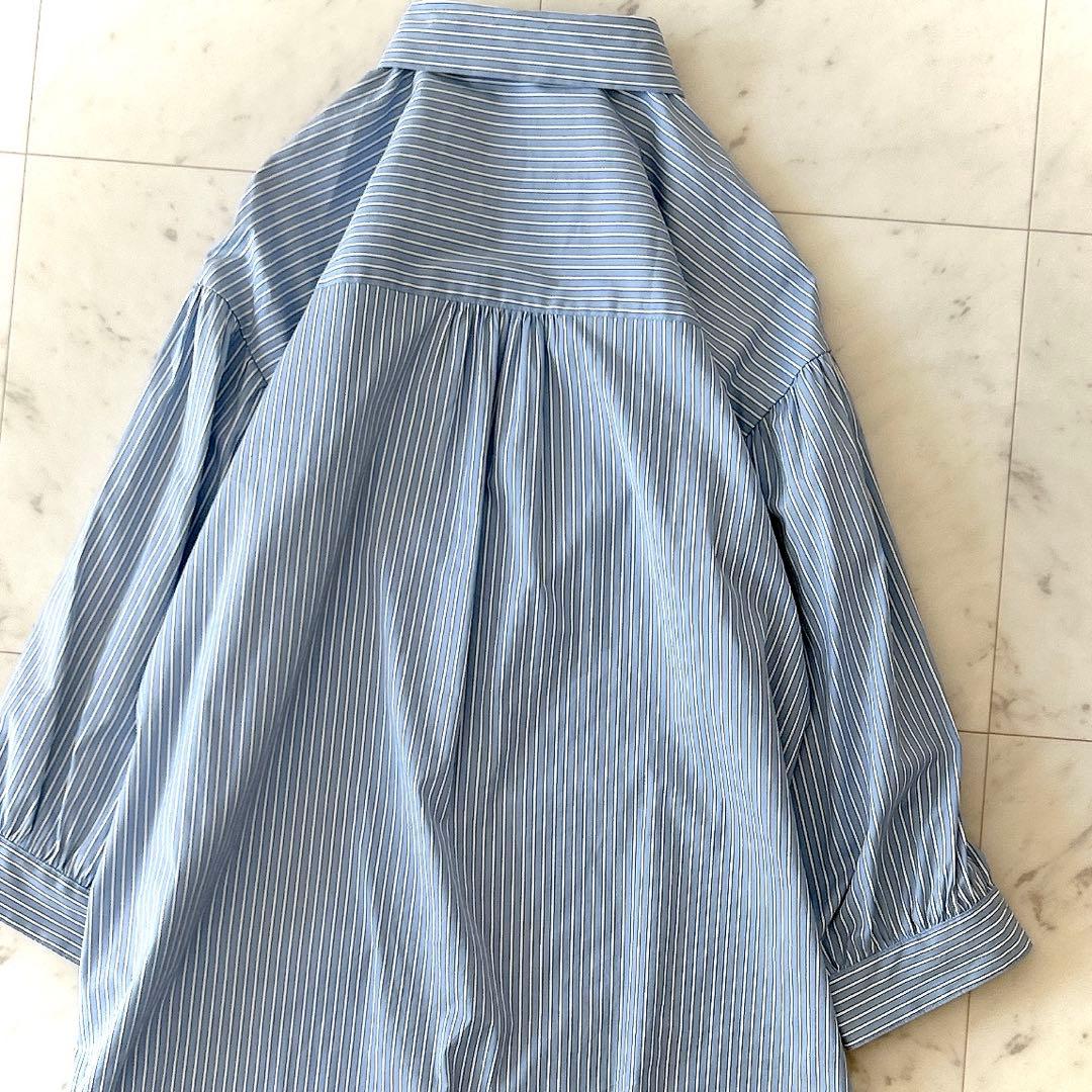 美品 レリアン フリル コットン シャツワンピース ブルーストライプ ゆったりめ