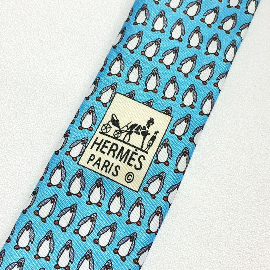 未使用級 エルメス HERMES ネクタイ シルク ブルー アニマル柄 ペンギン