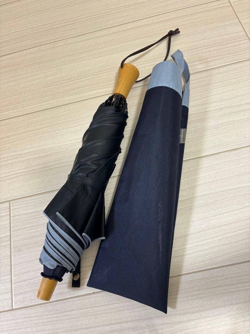サンバリア100 UV ２段折 コンビ(ネイビー, 木ストレート手元)
