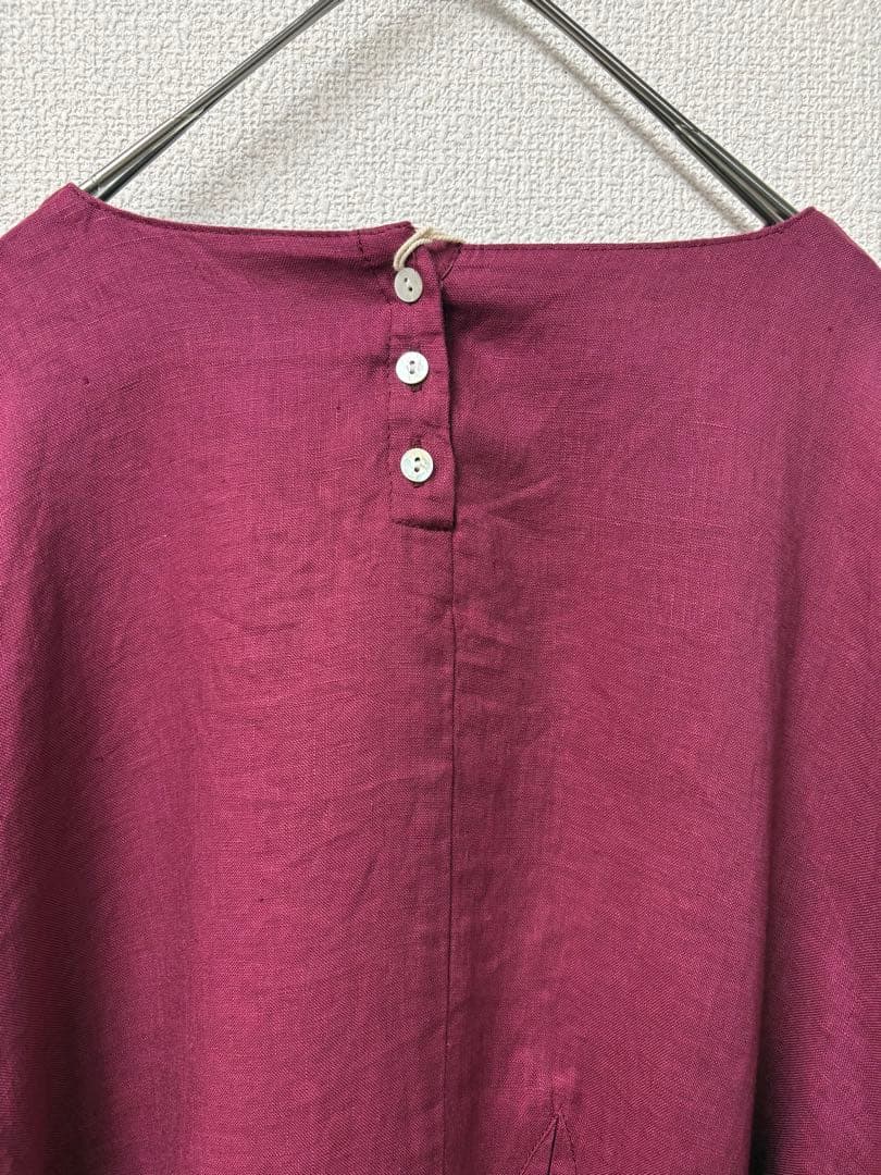 リネンアシンメトリータックロングワンピースワインレッド美品
